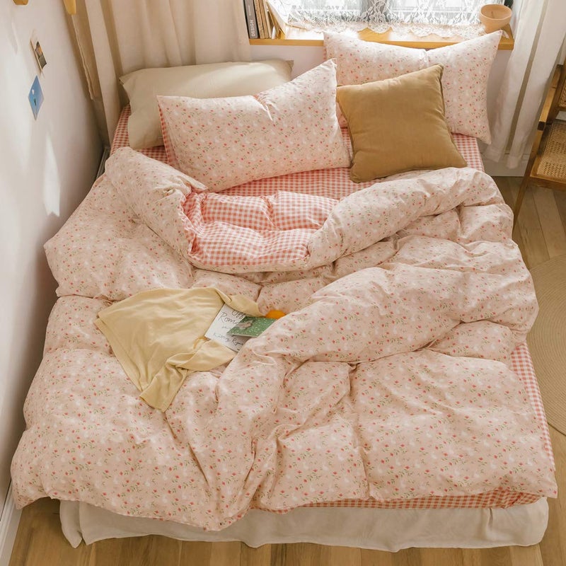 BlueBlue Rabbit Duvet Cover Set Twin 100% Cotton Bedding for Kids Boys Girls Teens Single Bed Cartoon Bunny Garden Floral on Pink 1 Reversible Check Comforter Cover with Zipper Ties 2 Pillowcases - Image 1